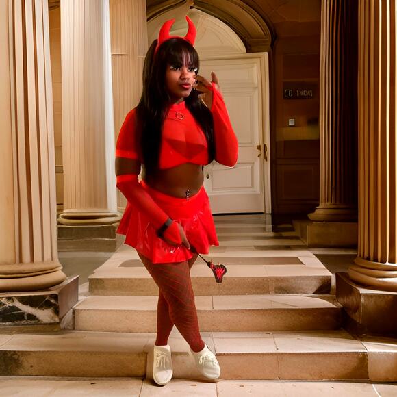 New Medium Skirt Set Devil Halloween Costume Mesh Vegan Leather Latex Red Props - Picture 1 of 7